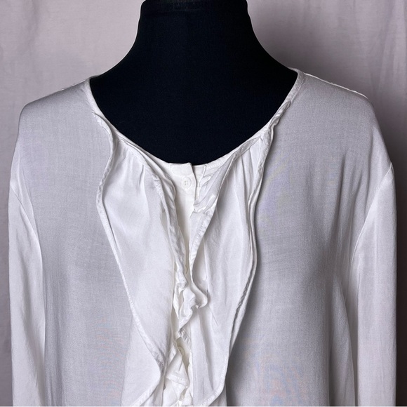 Sundance | White Ruffle Front Long Sleeve Button Up Shirt, Large - Picture 3 of 5